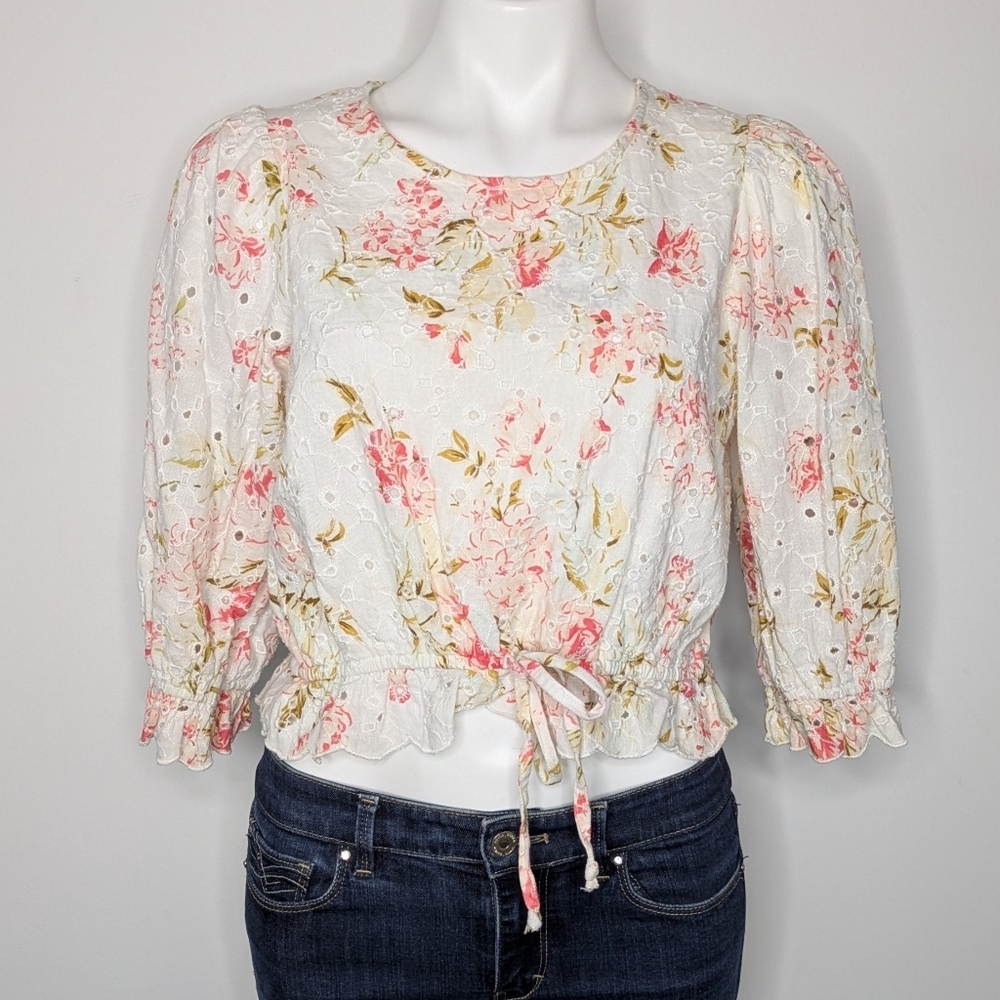 American Eagle White Pink Eyelet Lace Embroidered Cinch Waist Crop Top M